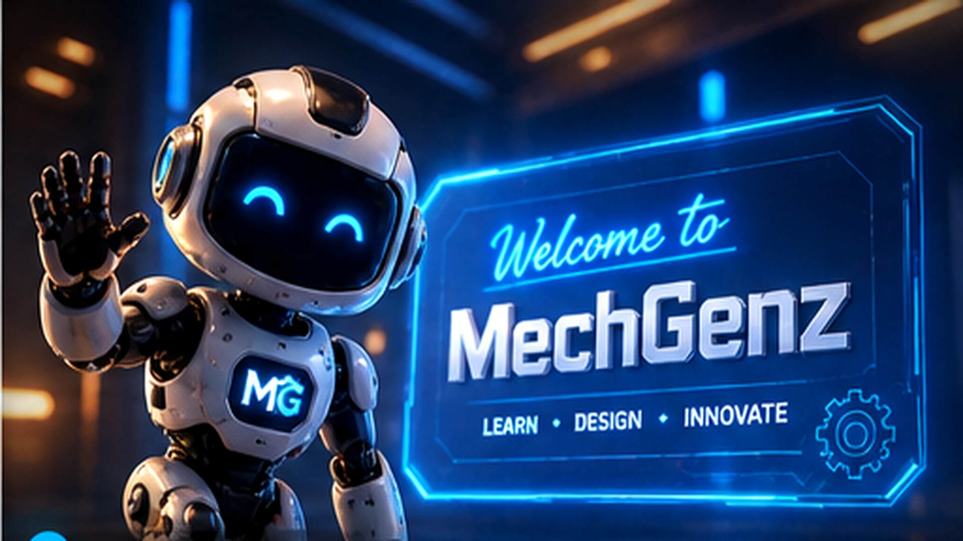Realistic MechBot welcoming users to MechGenz